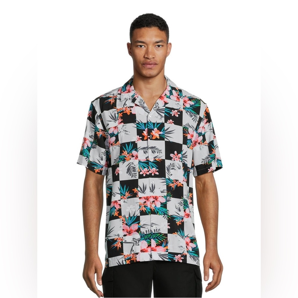 No Boundaries Black and White Floral Checkered Shirt